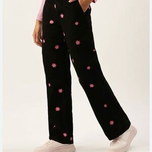 Cotton Wide-leg Leg Pants Embroidered Happy Face Flower Twill Party Pants BLK L